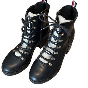 Tommy Hilfiger Womens Leather Faux Fur Lamere Lug Boots Black‎ Size 10M